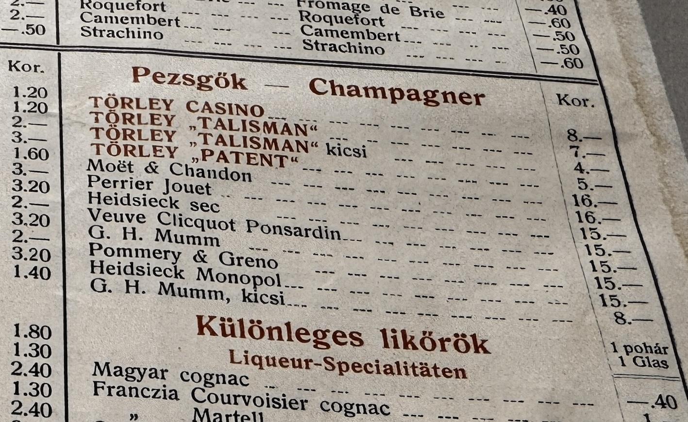 Herkules fürdői étterem borlapja Champagne-al